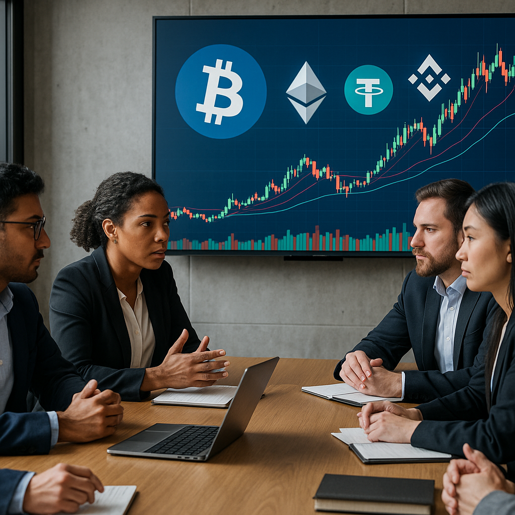 A group of business professionals in a meeting room, looking at a screen displaying crypto charts.