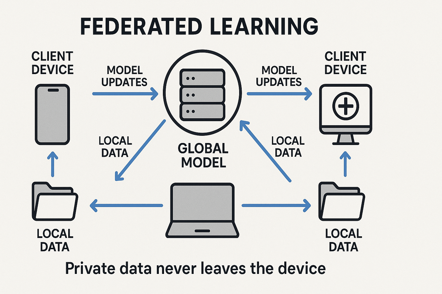 Infographic explaining Federated Learning, where local models are trained on decentralized data and updates are aggregated centrally.