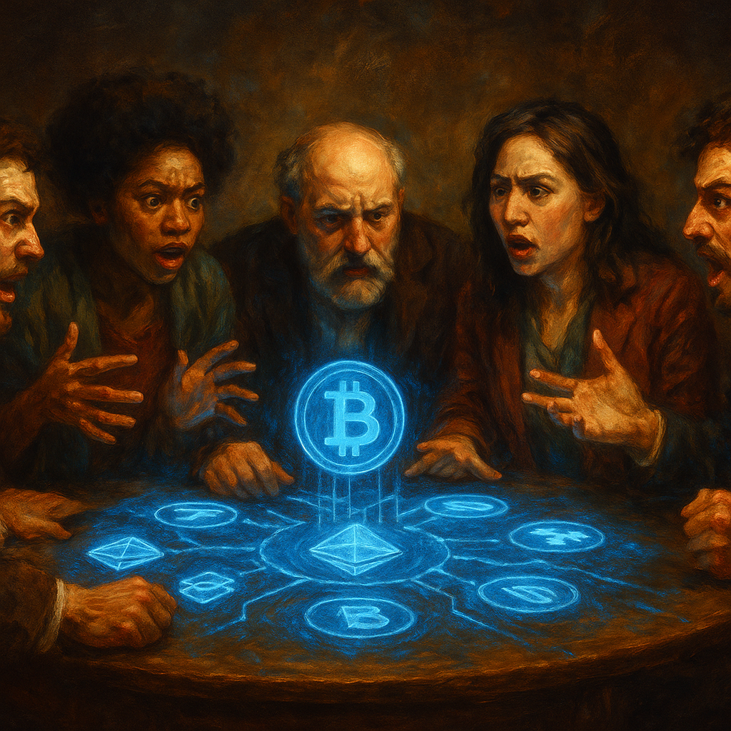 An artistic visualization of a heated debate around a glowing Bitcoin and other crypto symbols.