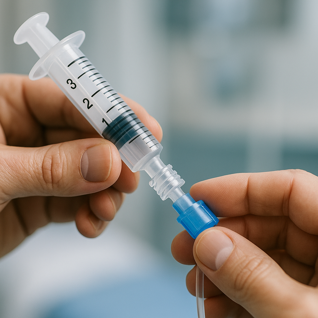 A close-up of a Luer Lock syringe securely connected to an IV line.