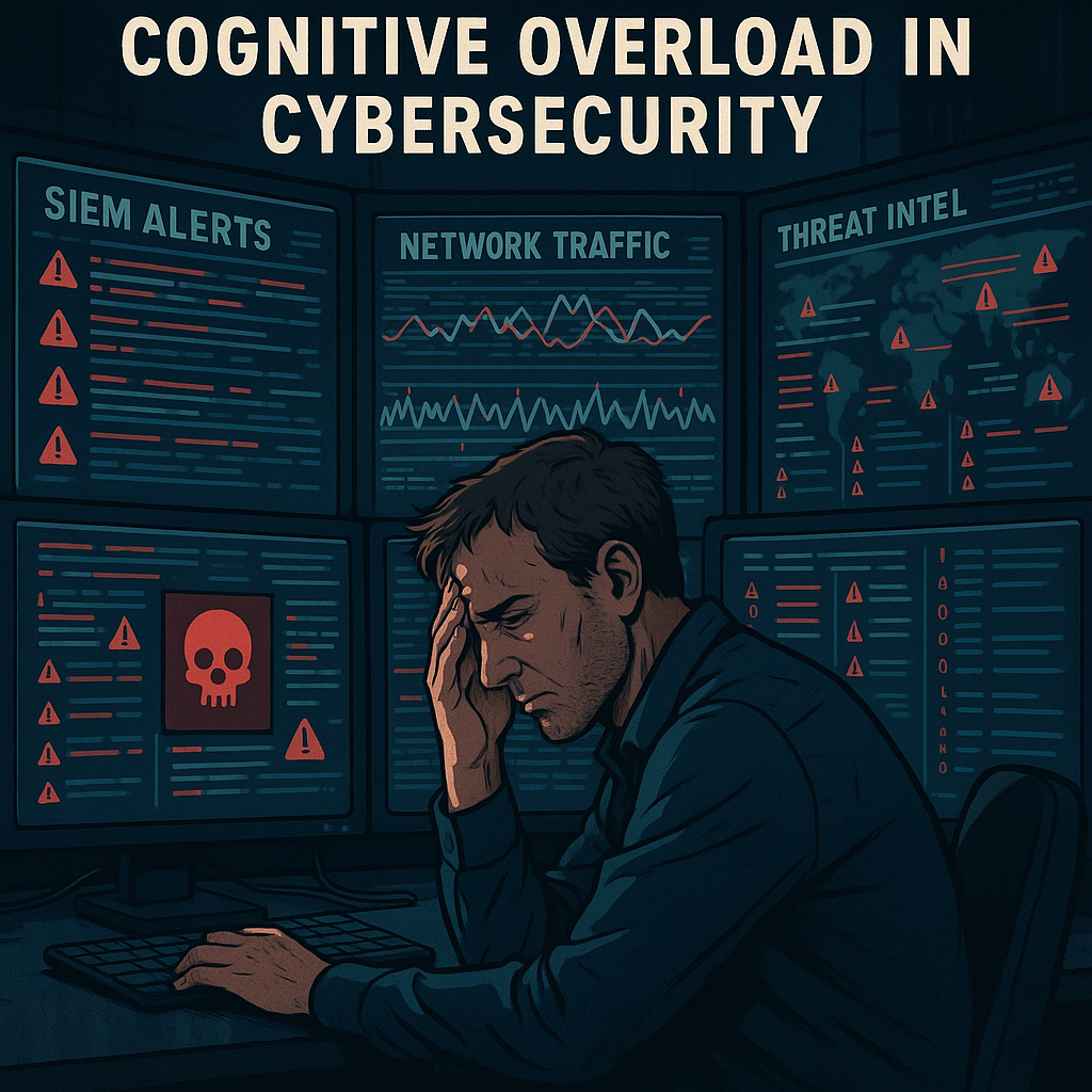 一名网络安全分析师在多屏警报和数据流面前显得不知所措，体现了认知超载的挑战。