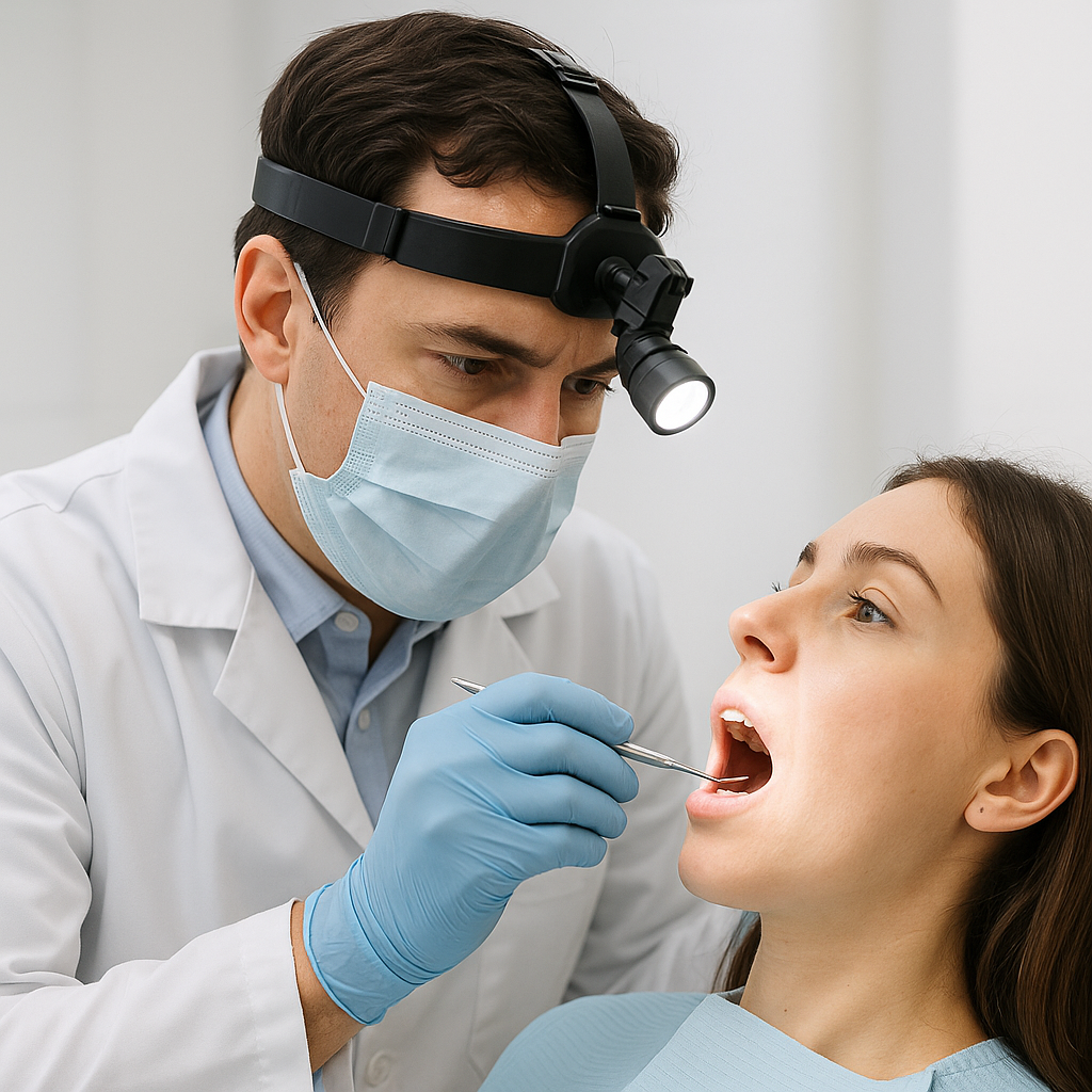 Dentist performing exam with advanced LED headlamp for enhanced diagnostic accuracy in oral cavity