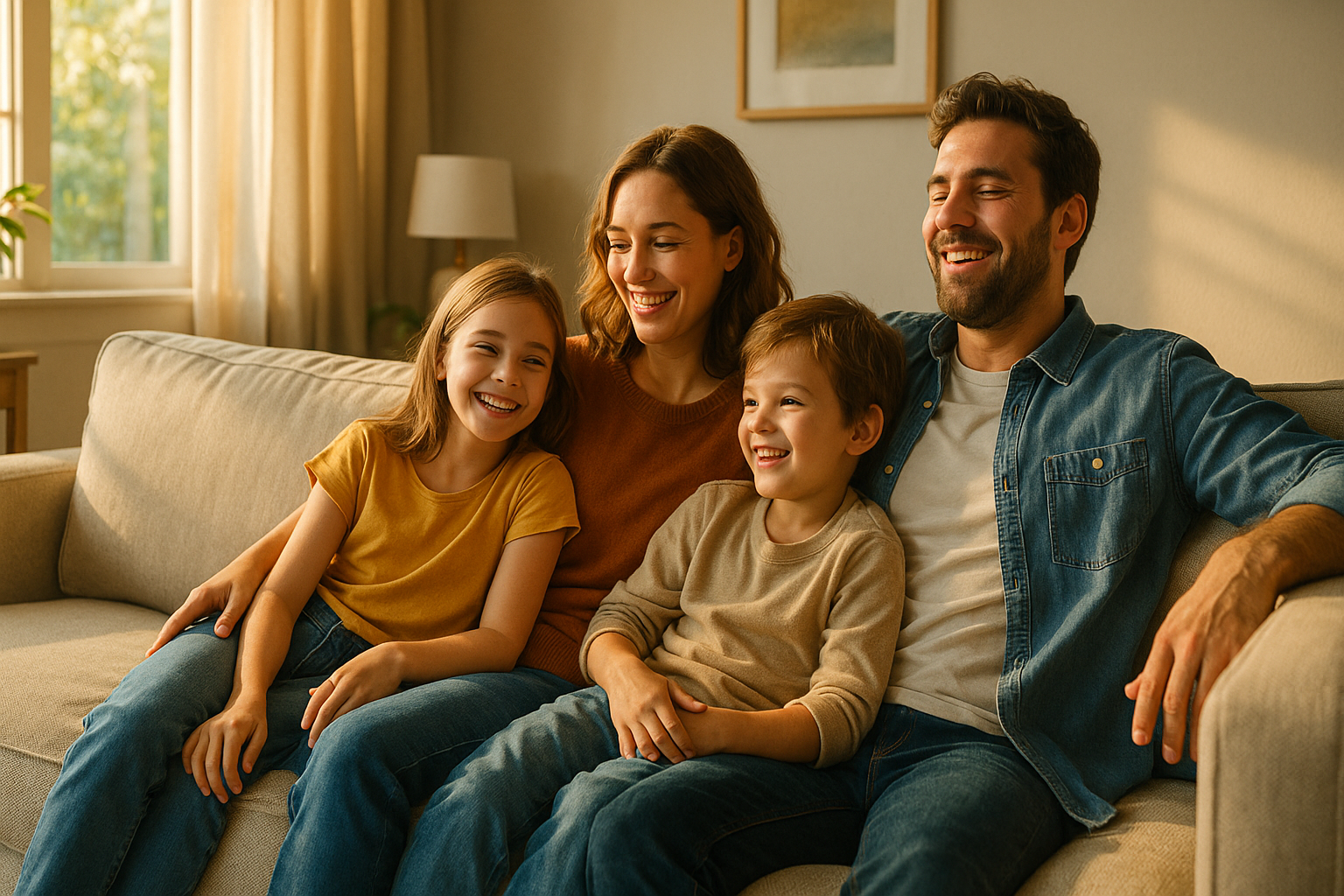 Sala de estar com família feliz em um sofá limpo.