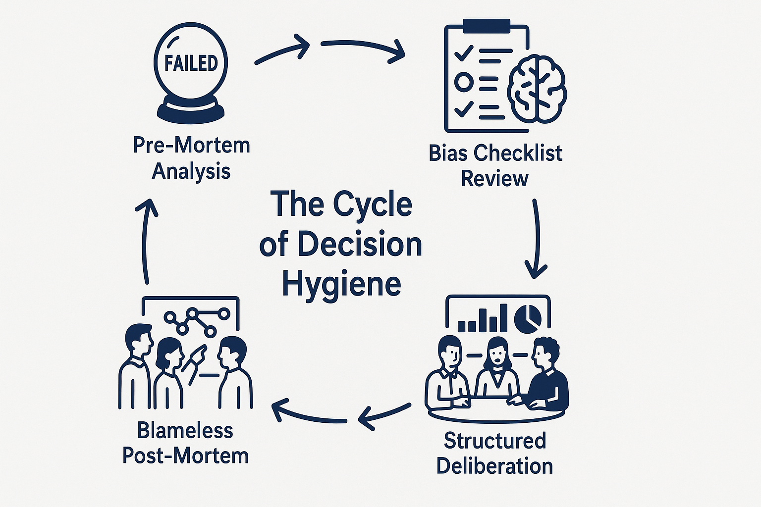 决策卫生循环图，展示了事前分析、偏误清单审查、结构化审议和无指责事后复盘构成的持续改进循环。