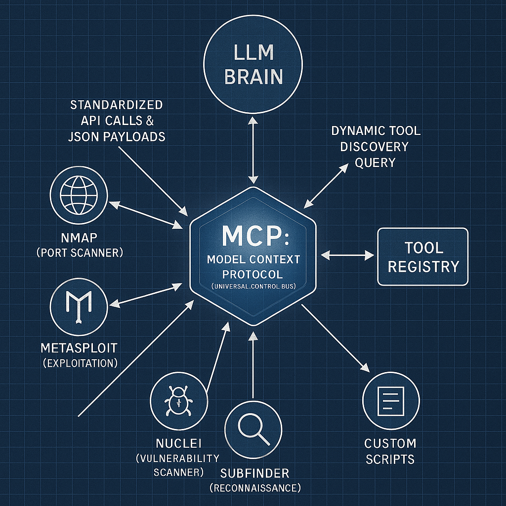 The MCP as a Universal Communication Hub: This schematic illustrates the Model Context Protocol (MCP) as a central hub. It shows the LLM Brain communicating exclusively through the MCP, which then dispatches standardized requests to a diverse 'Tool Armory' (Nmap, Metasploit, etc.) and handles dynamic tool discovery, demonstrating its crucial role in decoupling and standardization.