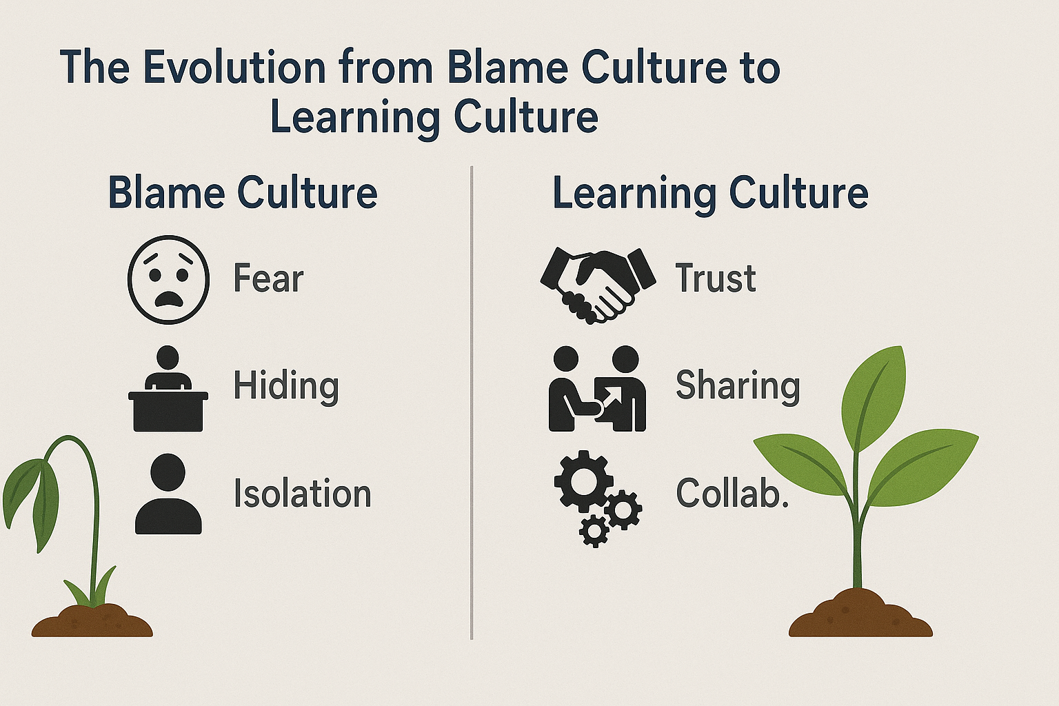 一张对比图，左侧“指责文化”下是一株枯萎的植物，伴随着恐惧、隐藏和孤立的图标；右侧“学习文化”下是一株茁壮成长的植物，伴随着信任、分享和协作的图标。