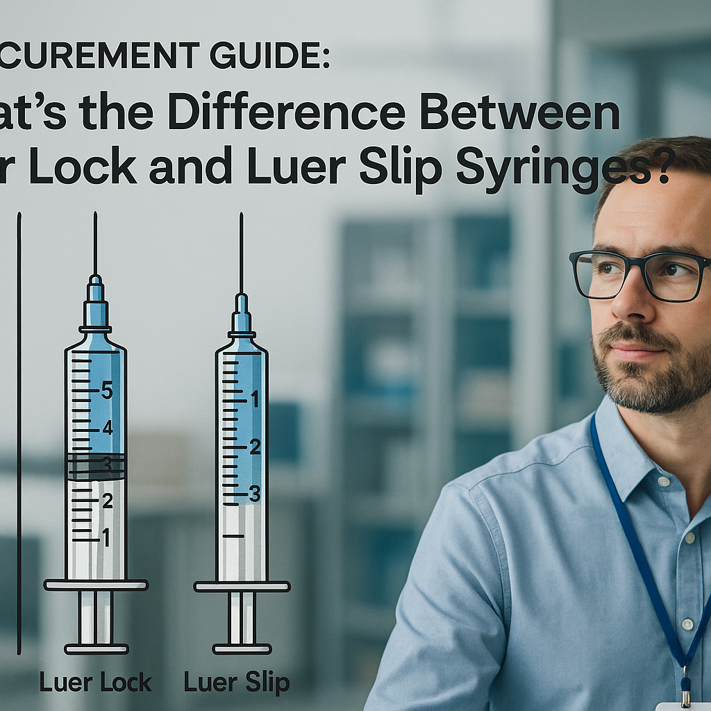 An assortment of Luer Lock and Luer Slip syringes and needles on a clean surface.