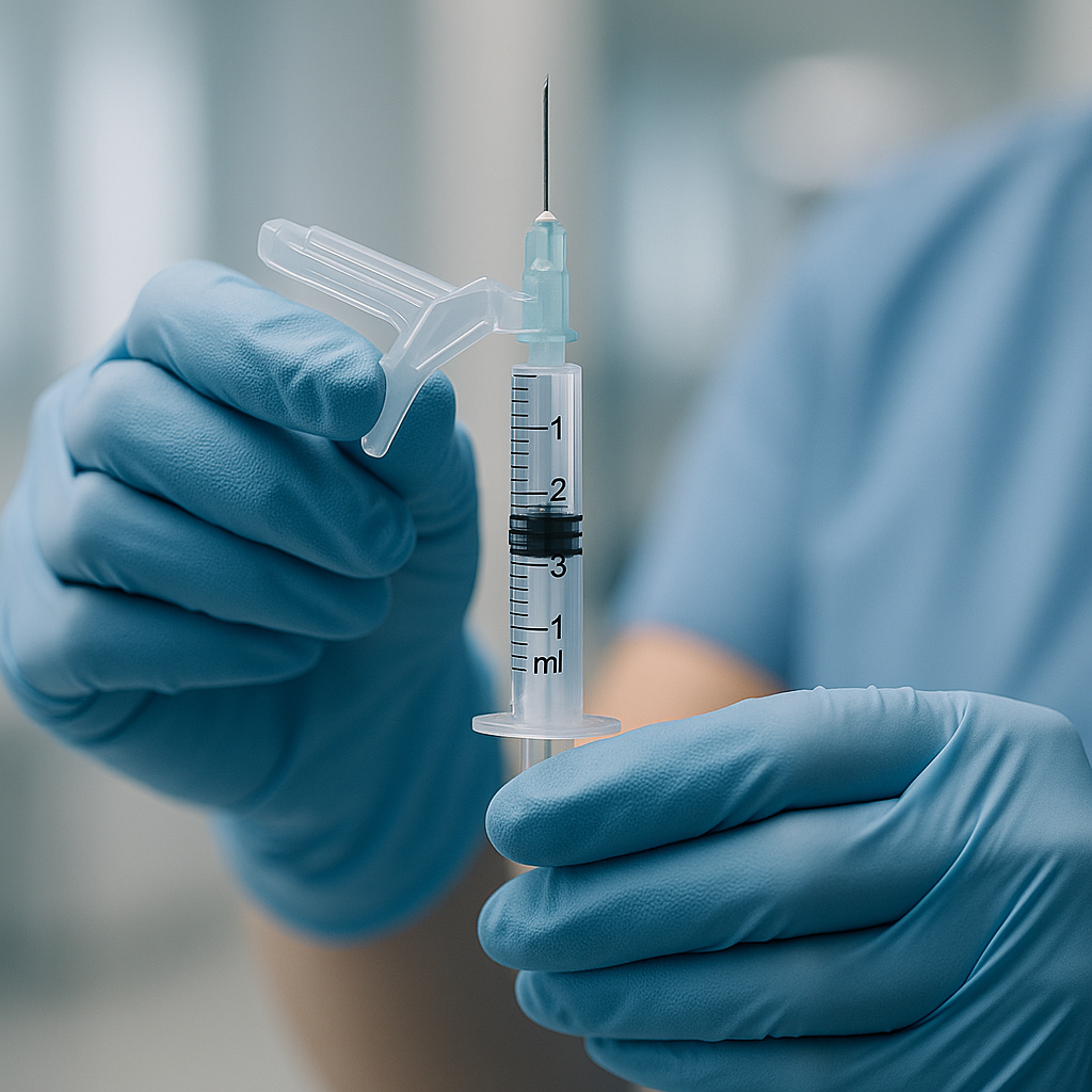 A healthcare professional safely handling a modern safety syringe with a retractable needle.