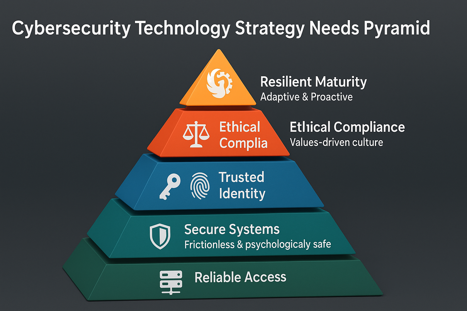 网络安全技术策略需求金字塔模型图，从底层到顶层依次为：可靠访问、安全系统、可信身份、道德合规和韧性成熟。