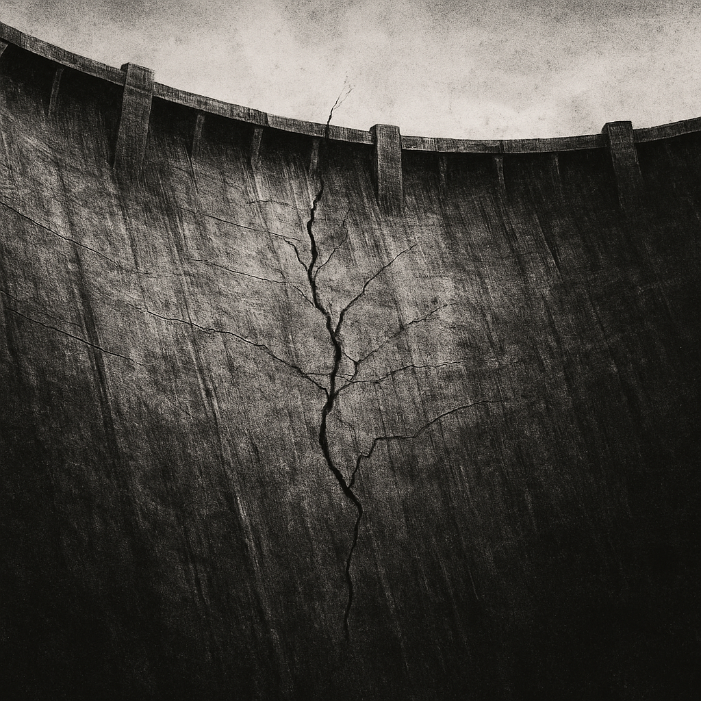 A hairline crack spreads across the face of a massive concrete dam, symbolizing a small point of failure threatening a monolithic structure