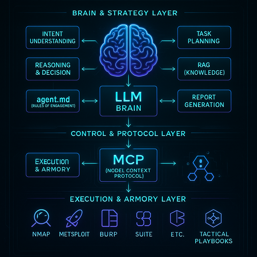 The Vibe Hacking Layered Architecture: This diagram illustrates the three-tiered structure of a Vibe Hacking system. It shows how high-level human intent flows from the 'Brain Layer' (LLM), through a standardized 'Protocol Layer' (agent.md & MCP), down to the 'Execution & Armory Layer' (Kali tools), with a crucial feedback loop enabling dynamic adaptation.