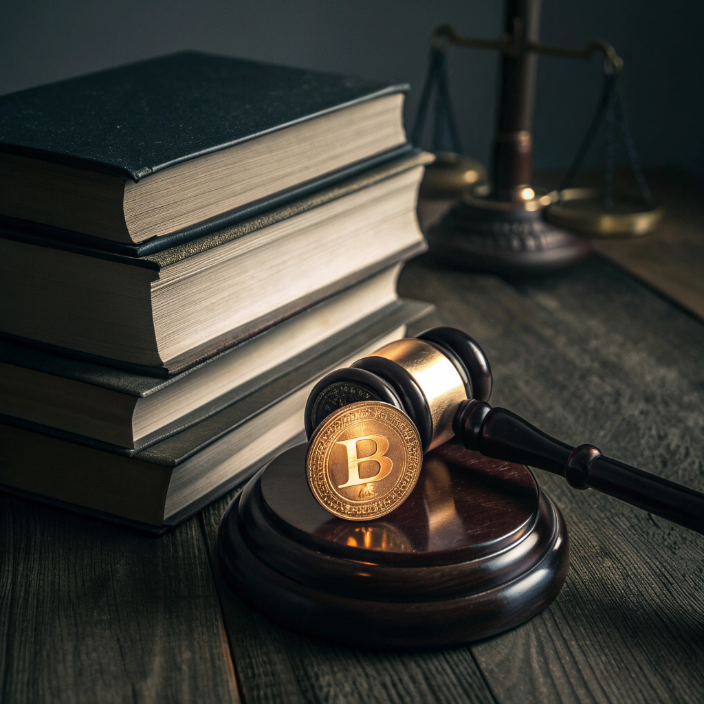 A Bitcoin coin rests on a judge's gavel next to a stack of law books.