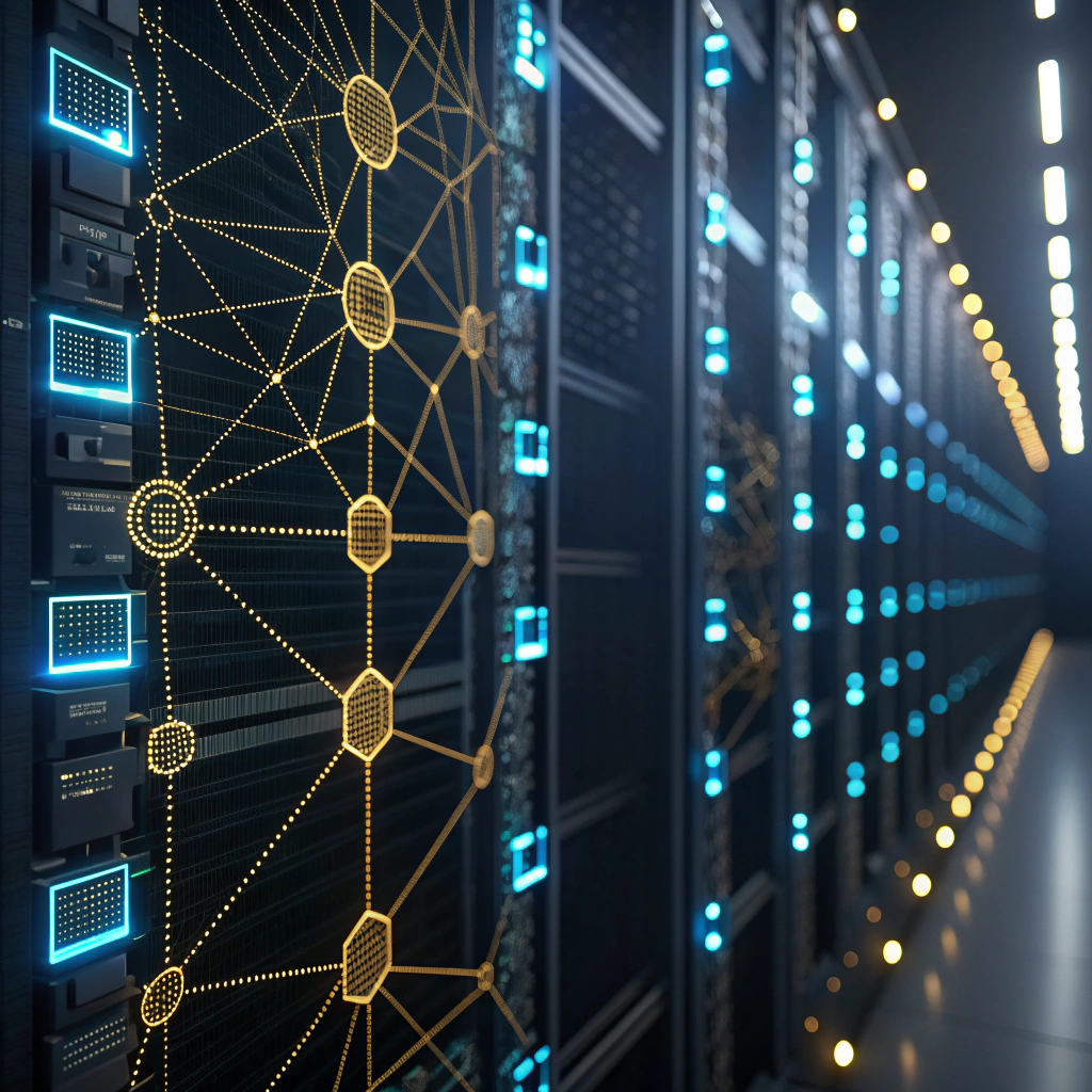 A visualization of a blockchain network inside a server room.